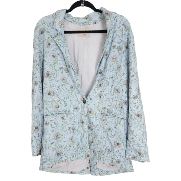 Free People Jackets & Blazers - Free People Beckett Blazer Womens XS Blue Daisy Linen Blend Button Pocket Lined